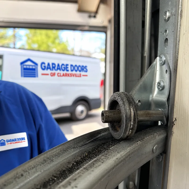 Worn garage door roller with metal dust visible on the track beside the hinge and fasteners
