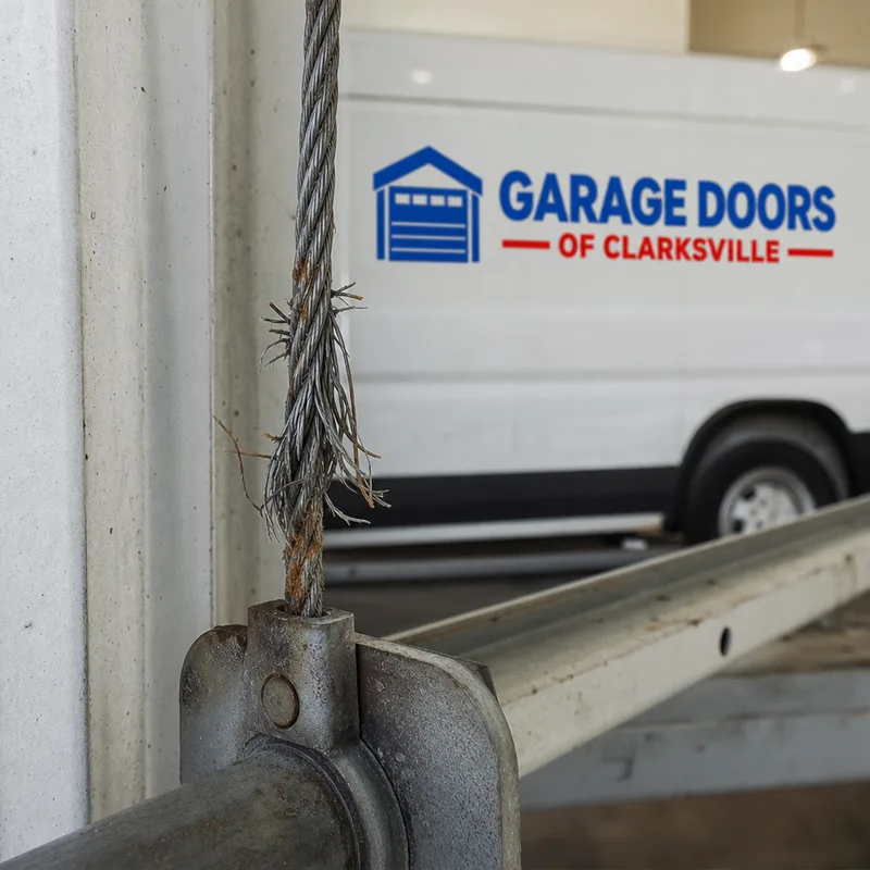 Frayed garage door lift cable near the bottom bracket with visible strands and rust spots