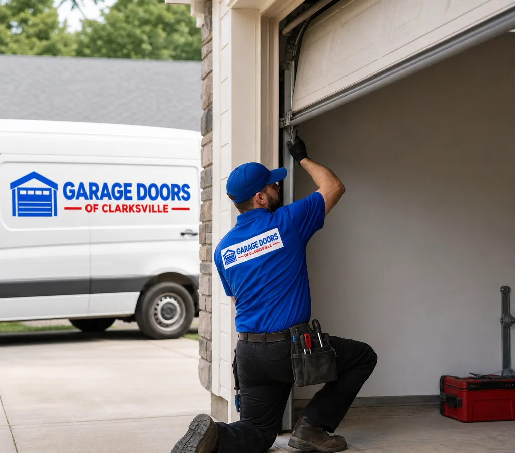 Residential sectional garage door partially open while a contractor inspects the track and rollers