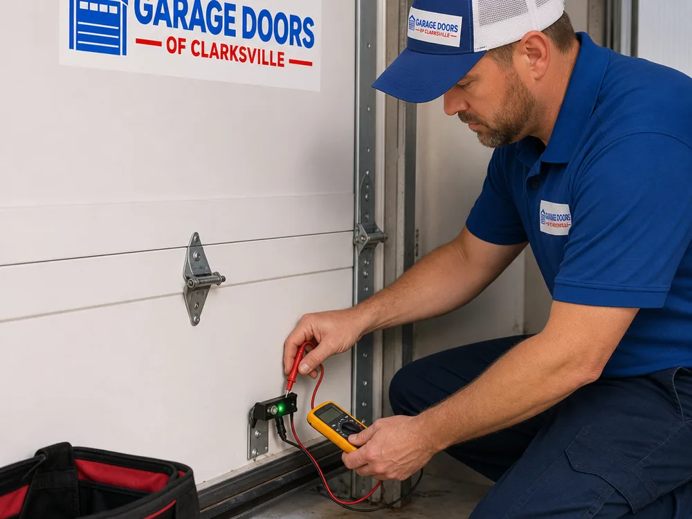 Technician testing photo-eye safety sensors at the bottom of garage door tracks