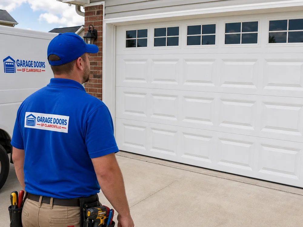 Residential garage door seated evenly in its opening with straight tracks after adjustment