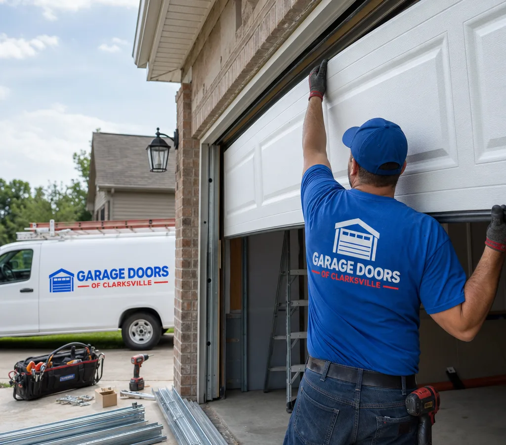 Contractor positioning a new residential overhead garage door with tracks and panels visible