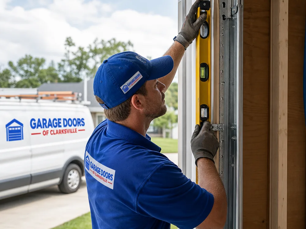 Installer aligning vertical garage door tracks with a level and tightening jamb brackets