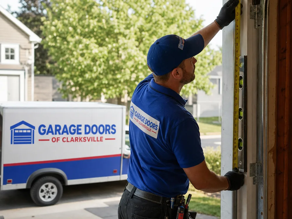 Garage door installer measuring an opening and checking the jamb before installing new track