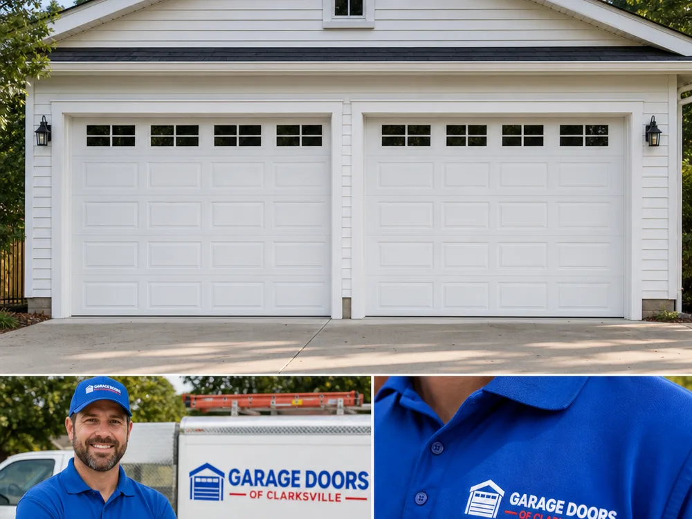 Finished residential sectional garage door on a two-car garage with even gaps and clean trim fit