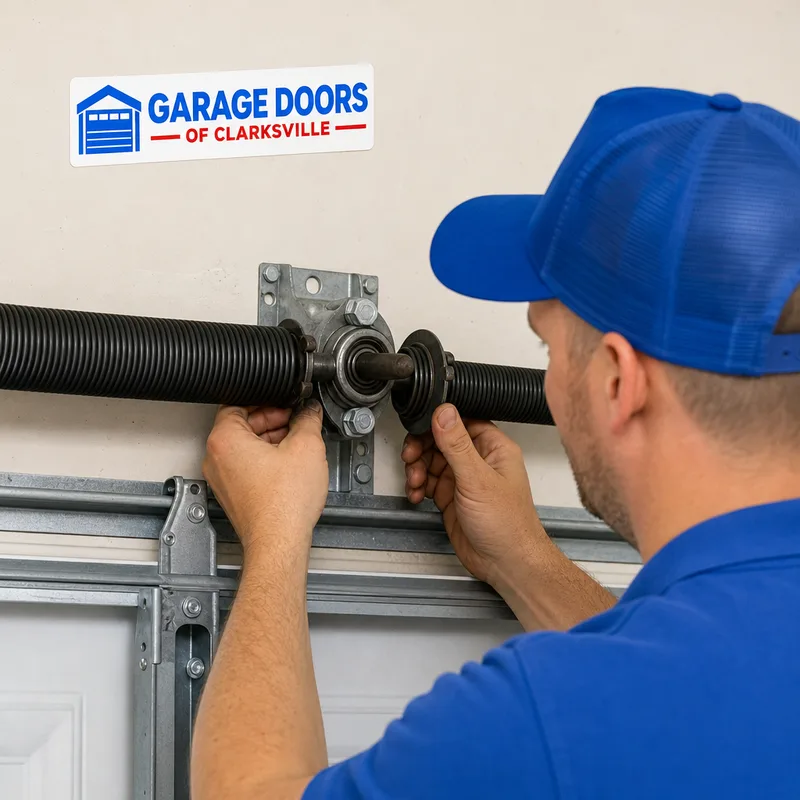 Close-up of a torsion spring assembly above a residential garage door