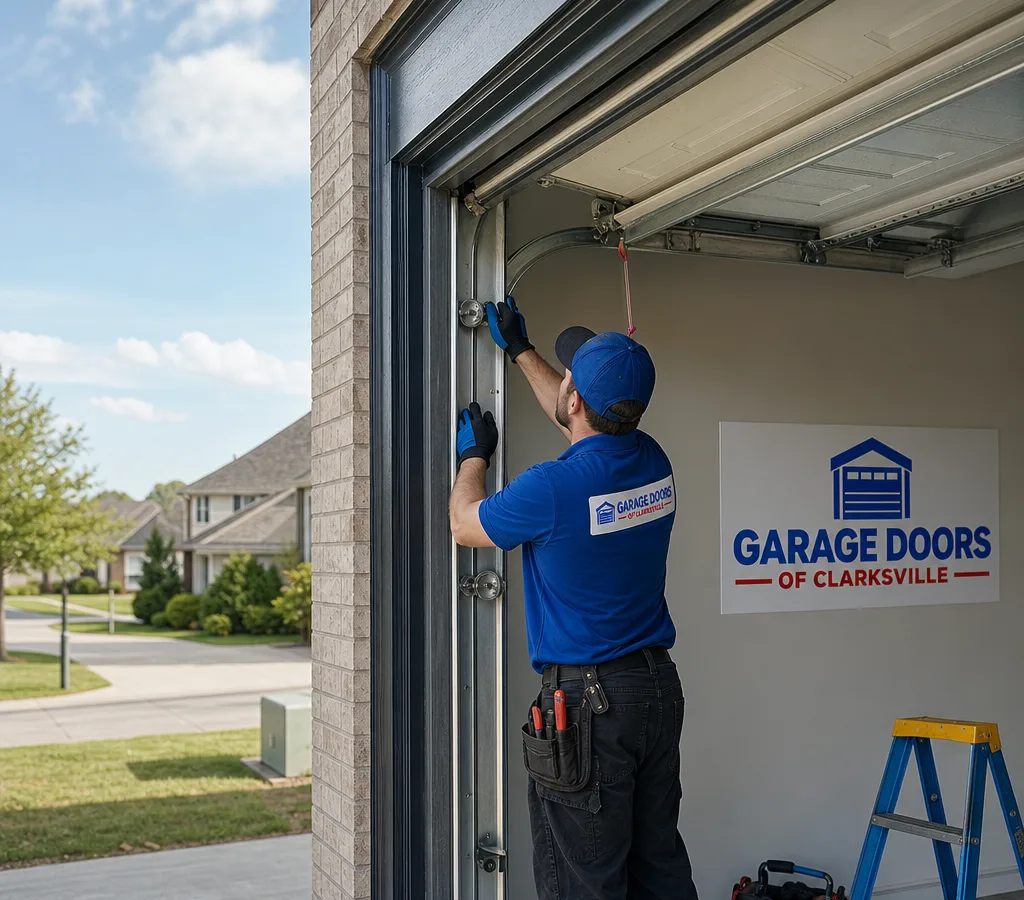 Residential garage door partially open while a contractor inspects the track and rollers
