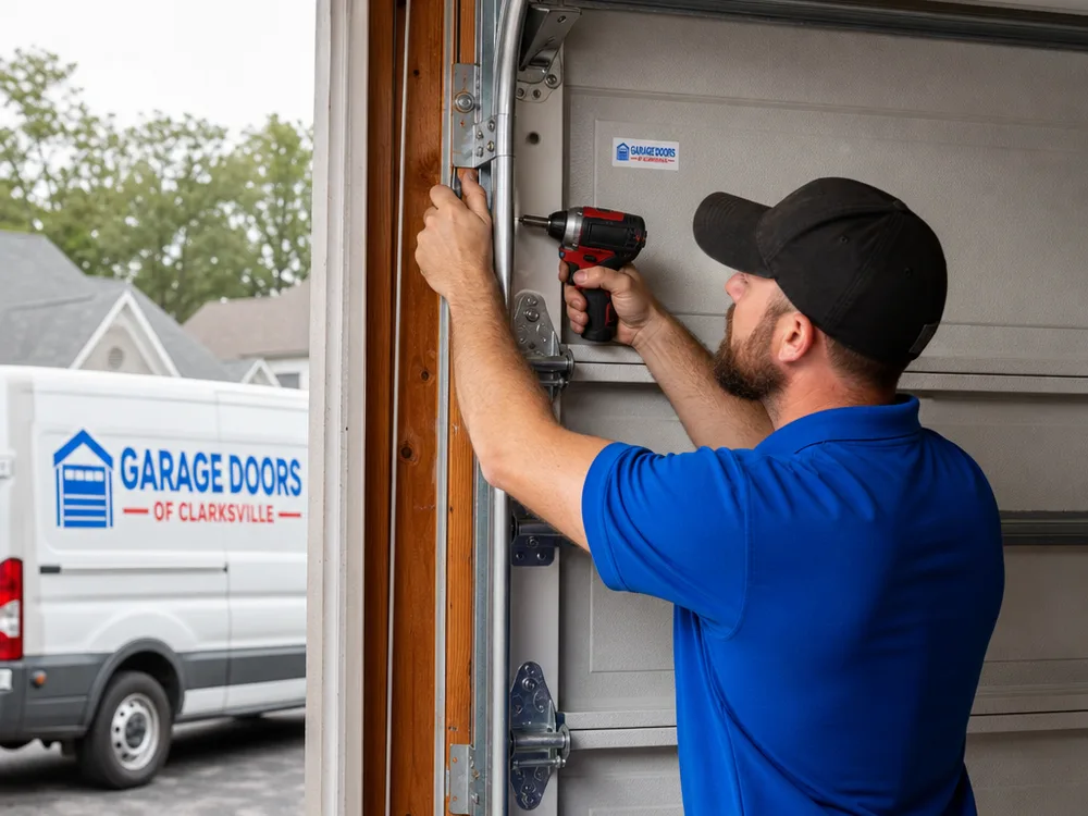 Contractor adjusting garage door track alignment and tightening hinge hardware