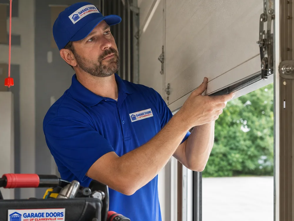 Contractor performing a balance test on a sectional garage door with the opener disconnected