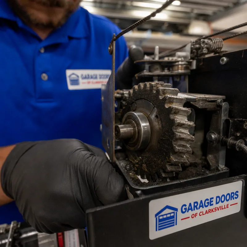 Garage door opener drive gear assembly with the cover removed and worn gear teeth visible