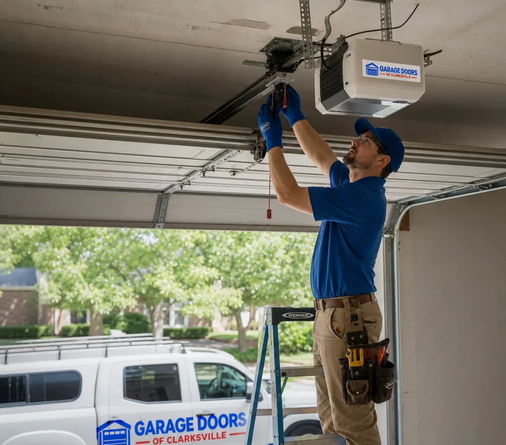 Contractor on a ladder inspecting a residential garage door opener rail and trolley connection