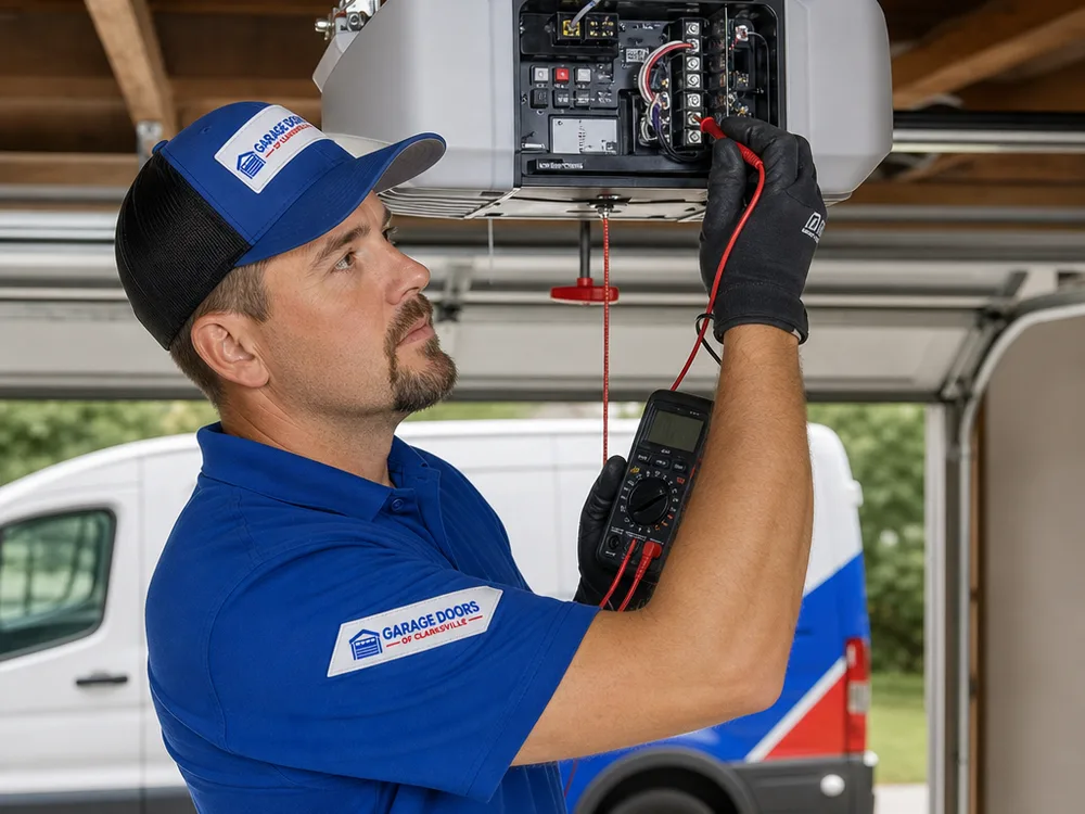 Contractor testing garage door opener wall-control wiring and terminal connections with a multimeter