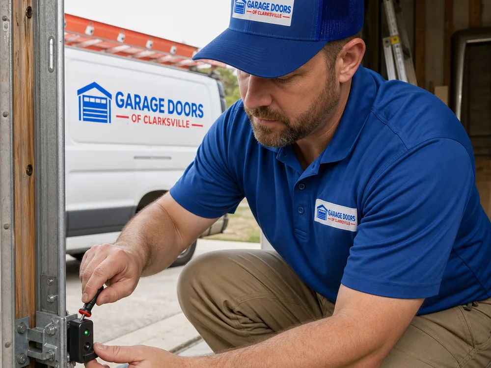 Contractor aligning garage door photo-eye safety sensors and checking the sensor wiring