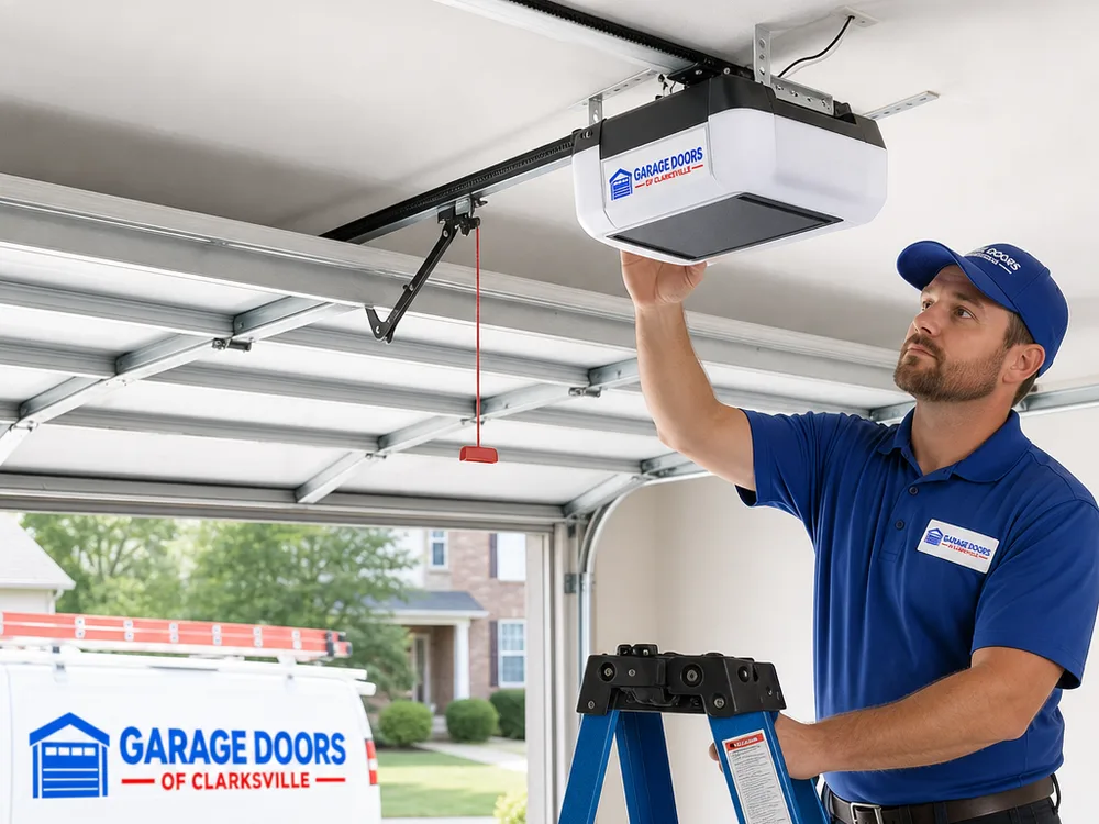 New belt-drive garage door opener with a straight rail, secure mounting, and tidy safety-sensor wiring