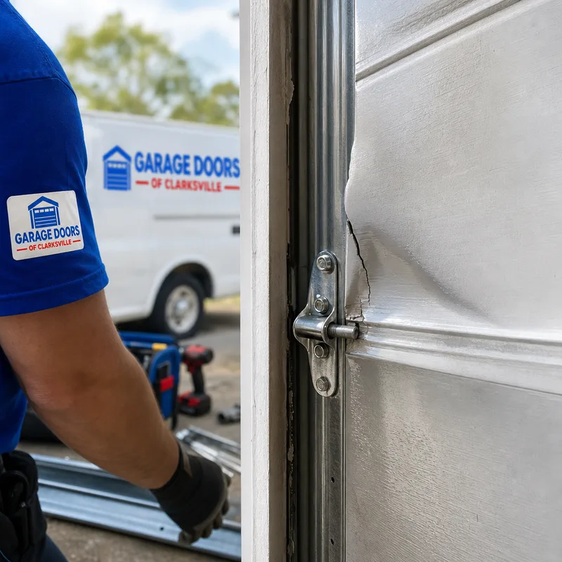 Dented steel sectional garage door panel with a cracked stile and bowed section near a hinge