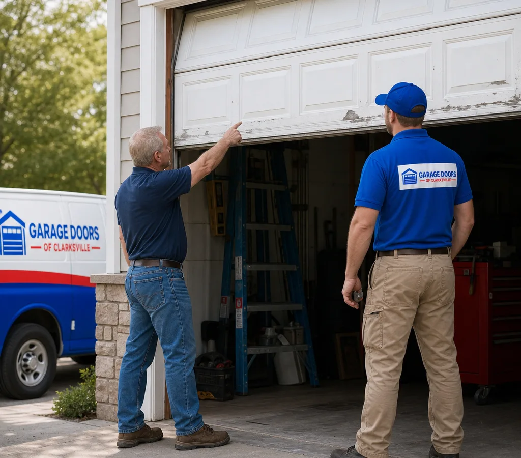 Residential garage door opening with an older raised-panel steel door partly lifted while damage is assessed