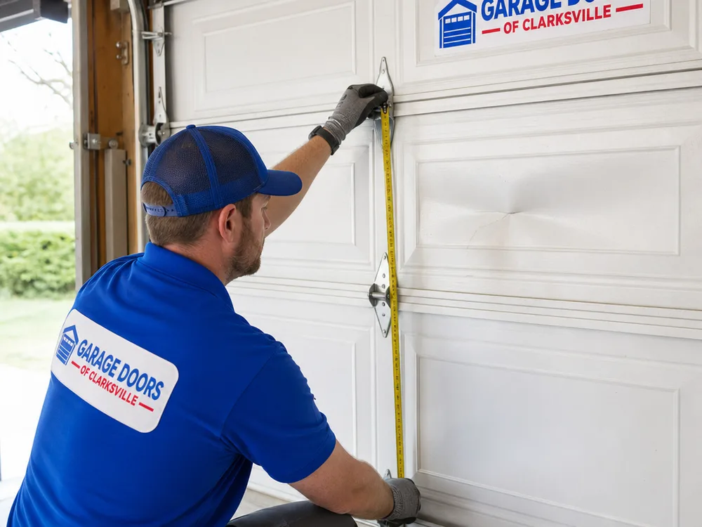 Contractor measuring a dented sectional garage door panel and inspecting hinge spacing and track alignment
