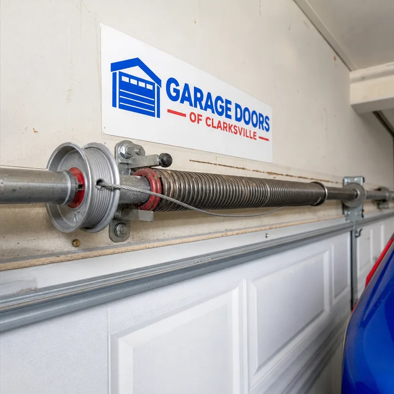 Extension spring setup with safety cable, pulleys, and cable routing visible