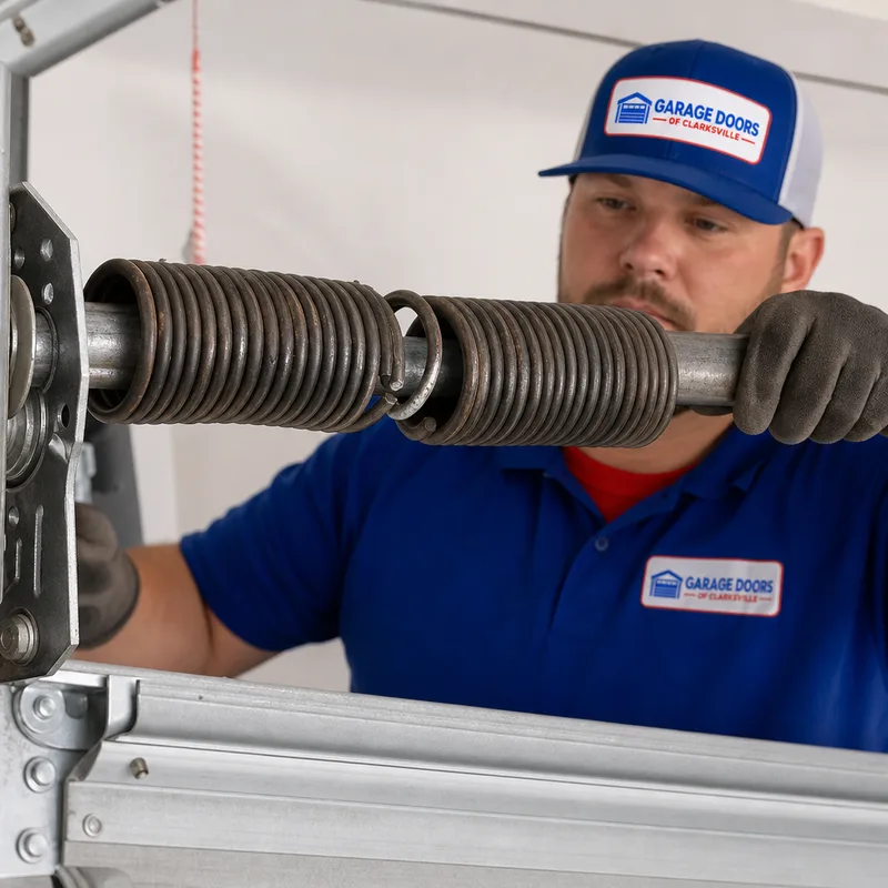 Broken torsion spring with a visible separation in the coil above a garage door