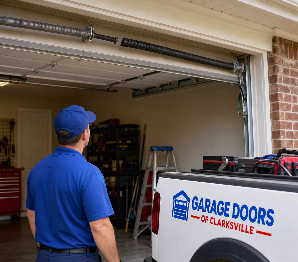 Residential garage door partially open with a visible torsion spring above the door