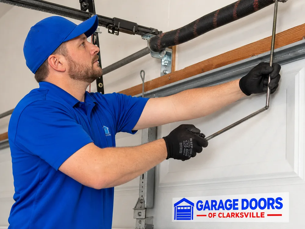 Contractor using winding bars on a secured torsion spring system
