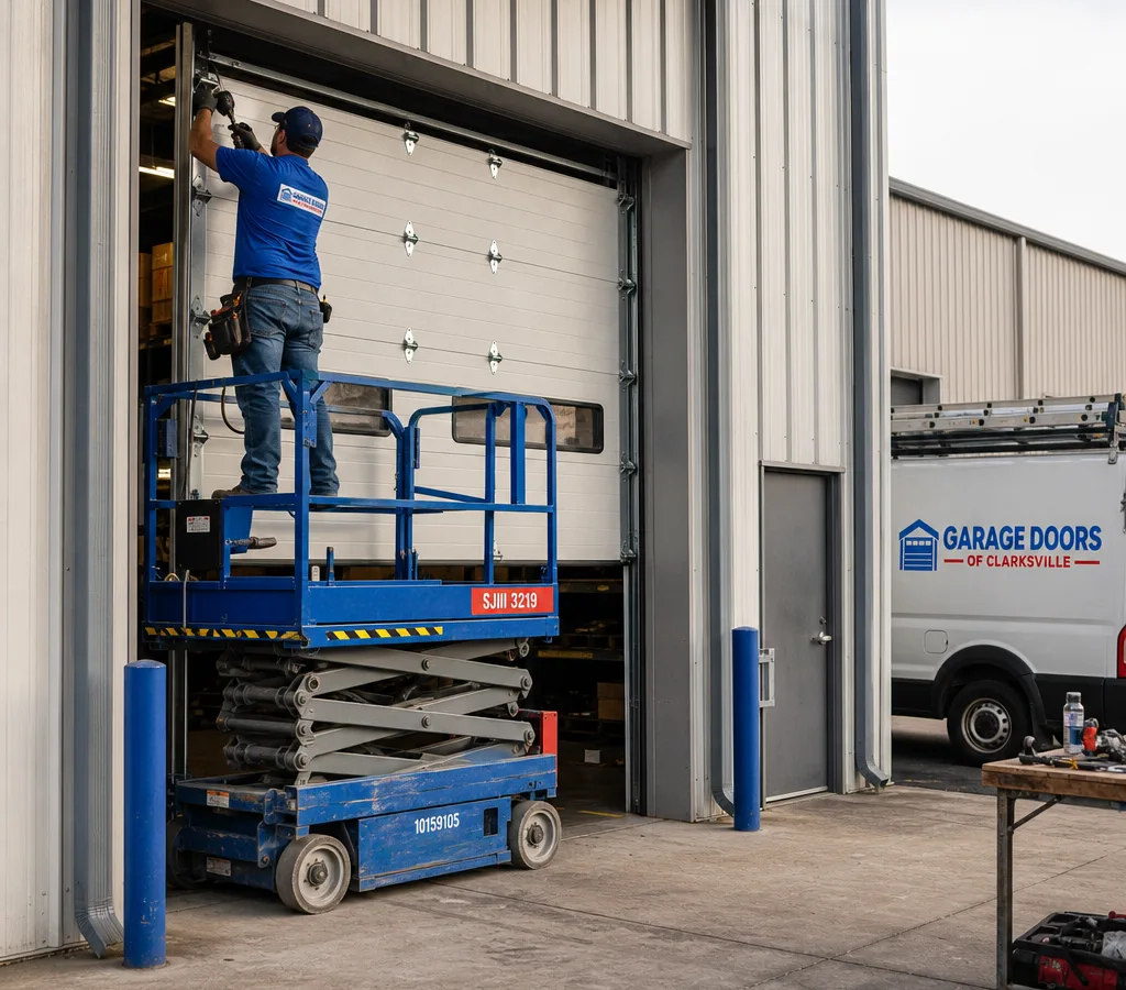 Contractor installing a sectional commercial overhead door at a warehouse loading bay