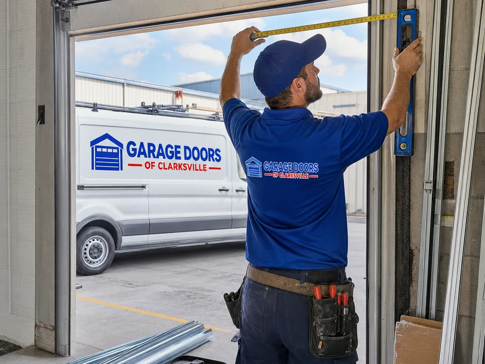Contractor measuring headroom and track placement at a commercial overhead door opening