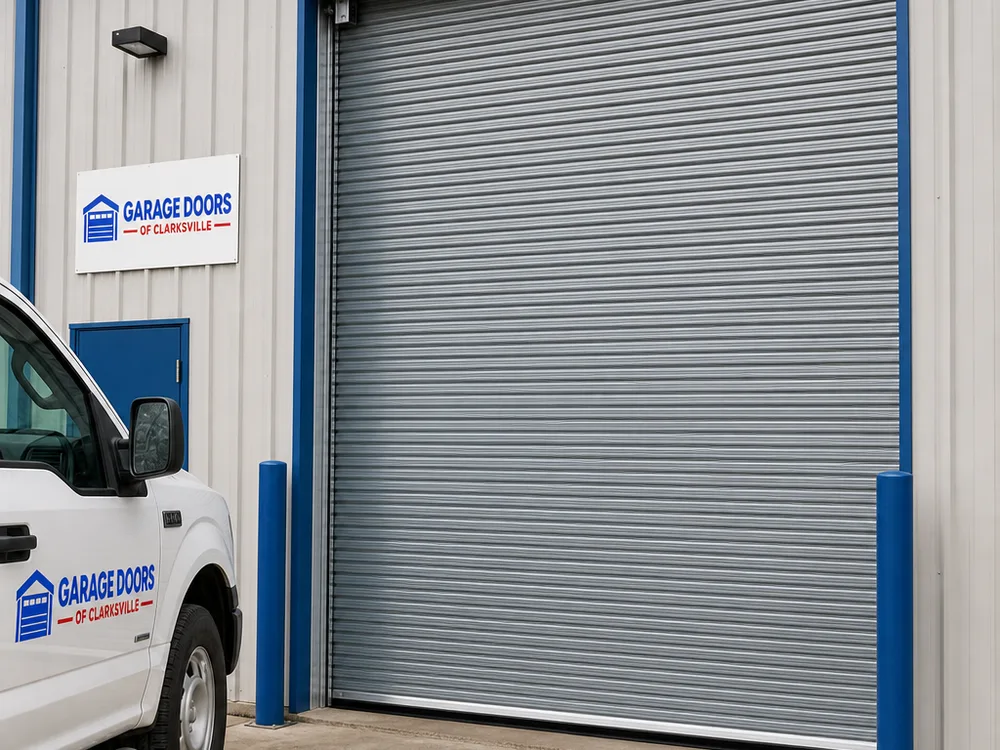 Rolling steel door installed at an industrial service bay