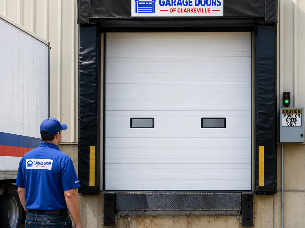 Finished sectional commercial overhead door installed at a loading dock