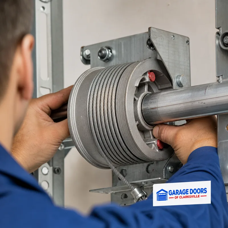 Cable drum on a torsion shaft with the garage door cable seated in the drum grooves