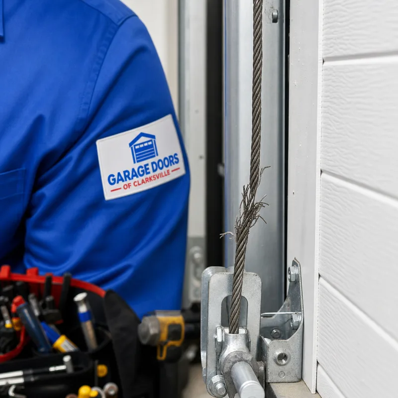 Frayed garage door lift cable near the bottom bracket with visible broken strands