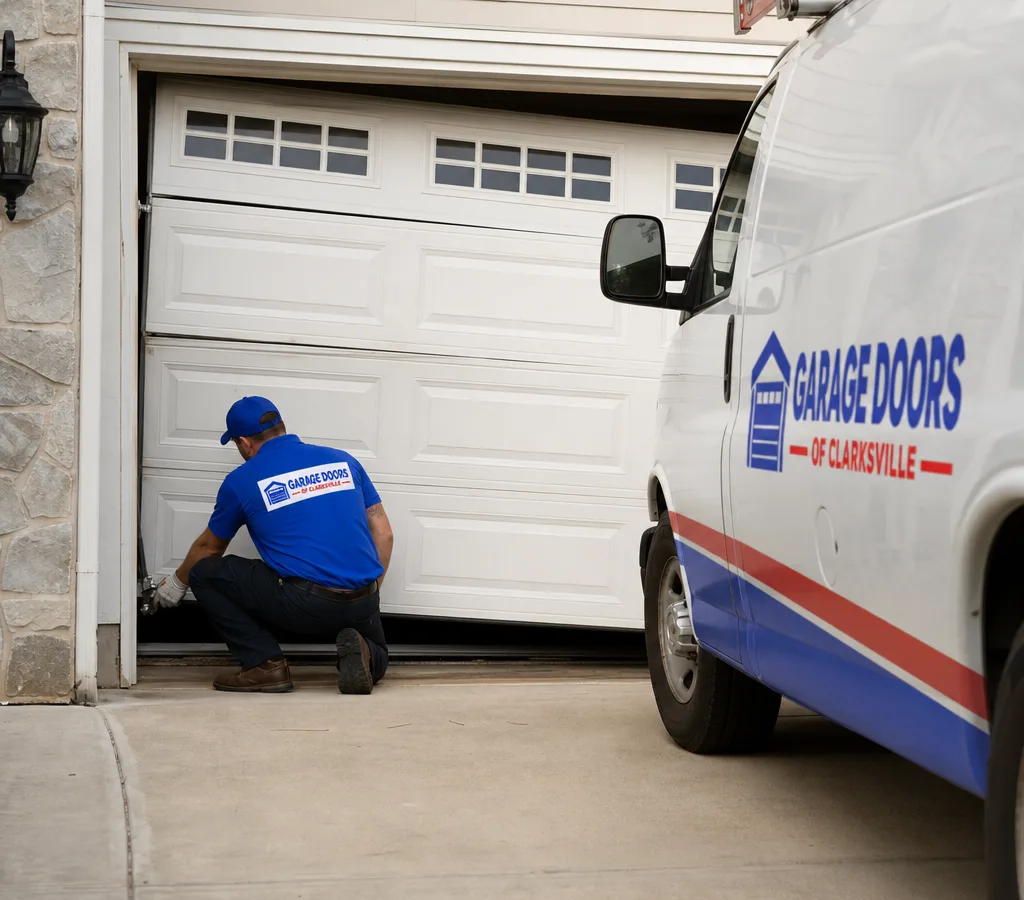 Residential garage door with a frayed lift cable near the bottom bracket and the door sitting crooked