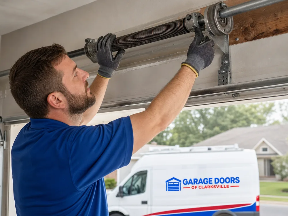 Contractor wearing work gloves inspecting a garage door torsion shaft and cable drum