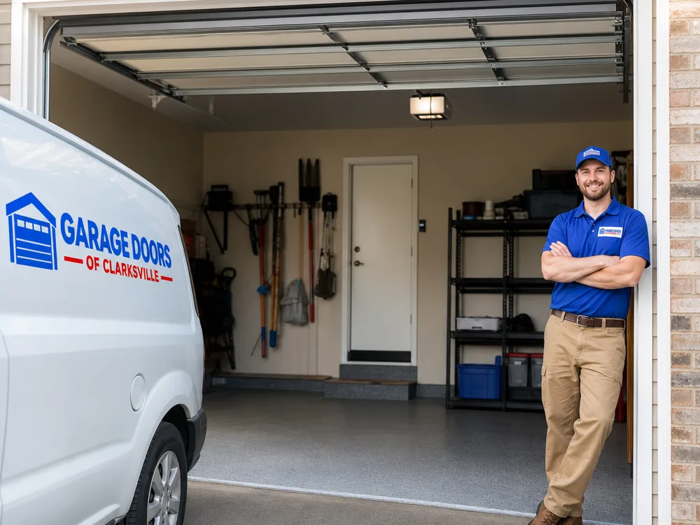 Open garage door with straight vertical tracks, aligned horizontal tracks, and a level door