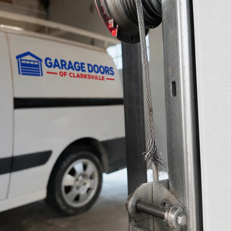 Garage door cable off the drum with frayed strands near the bottom bracket