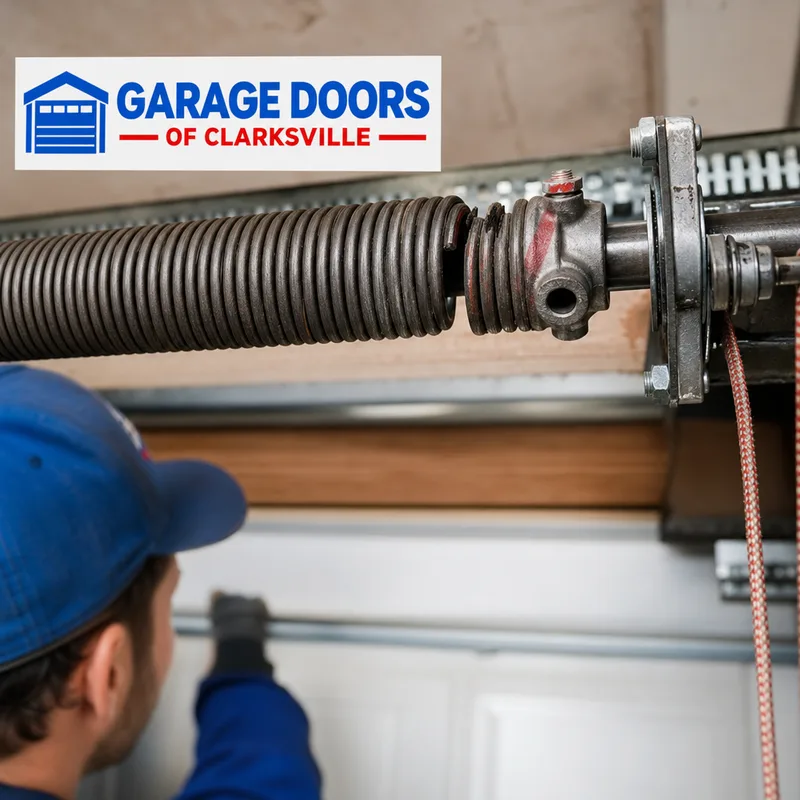 Broken torsion spring coil above a garage door near the winding cone