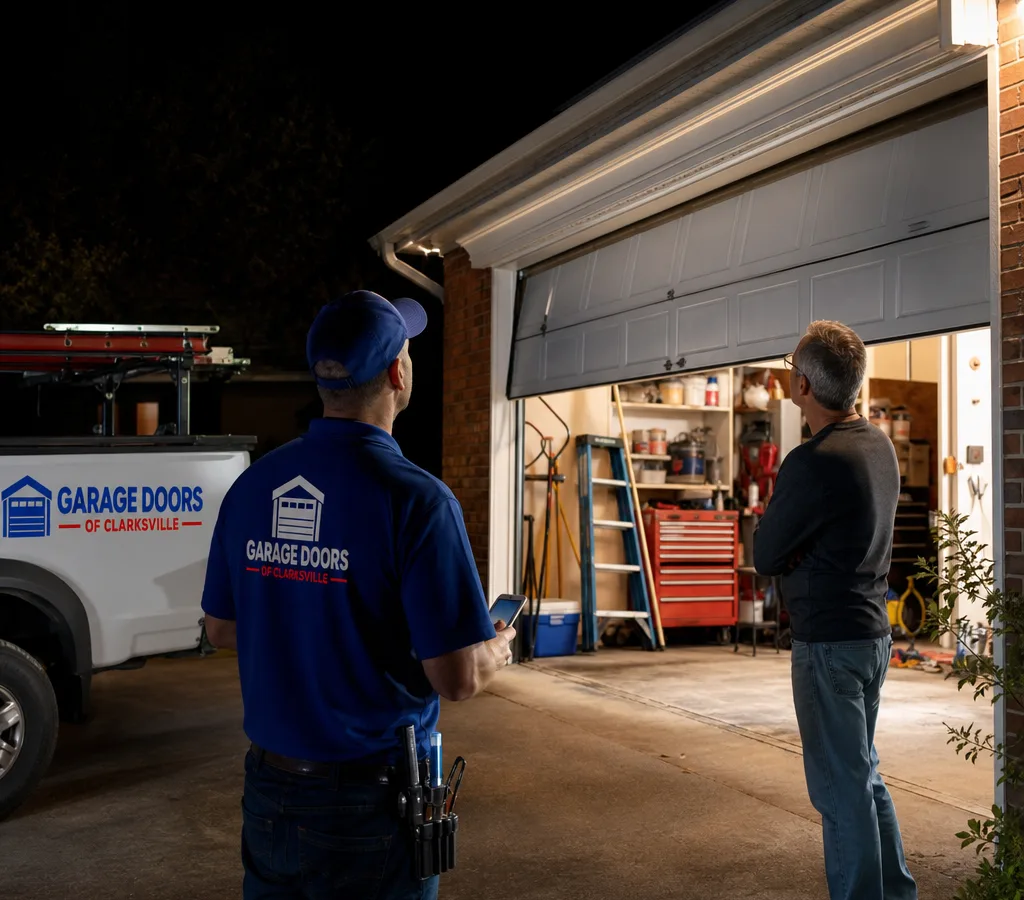 Residential garage door stuck open at night while a contractor assesses the door from the driveway