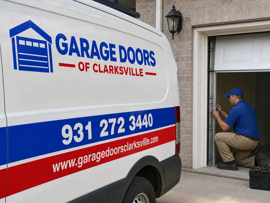 Contractor checking garage door roller condition and hinge fasteners beside a residential track